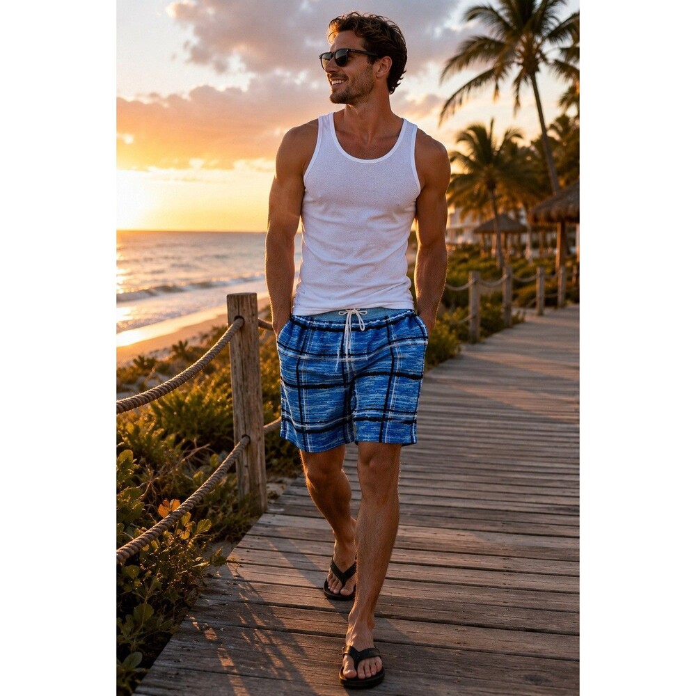 Joe Boxer Men’s Blue Plaid Swim Trunks Board Shorts Mesh Lined Size Large